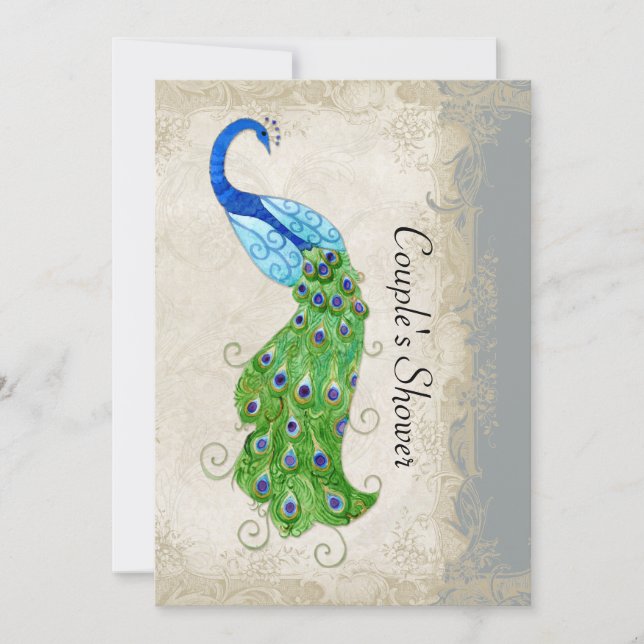 Art Deco Style Peacock Grey Vintage Lace Invitation (Front)