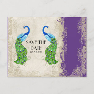 Art Deco Style Peacock Purple n Cream Vintage Lace Announcement Postcard