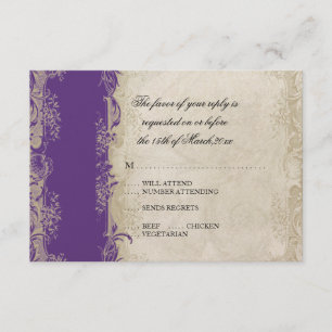 Art Deco Style Peacock Purple n Cream Vintage Lace RSVP Card