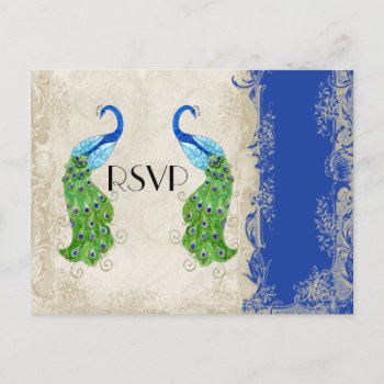 Art Deco Style Peacock Royal Blue Vintage Lace Invitation Postcard by AudreyJeanne at Zazzle
