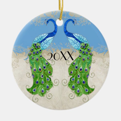 Art Deco Style Peacock Sky Blue Vintage Lace Ceramic Ornament