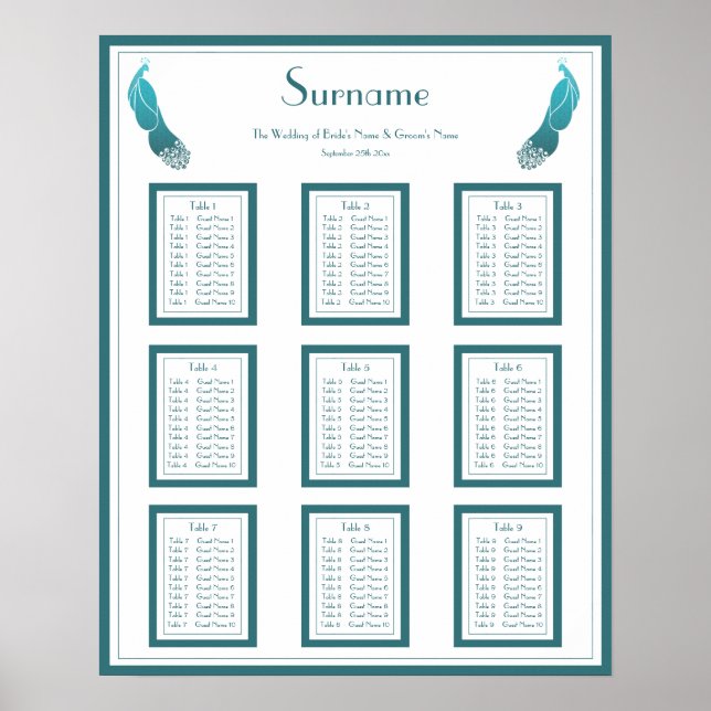 Art Deco Style Peacocks Wedding Seating Chart (Front)