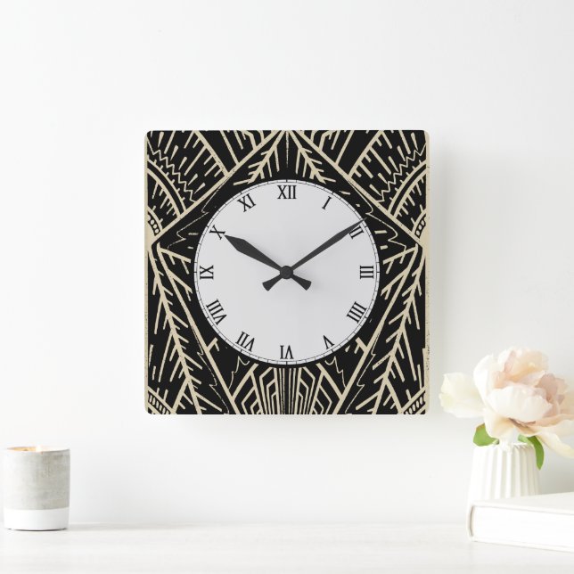 Art Deco Style Sketch in Black and Gold Square Wall Clock (Home)