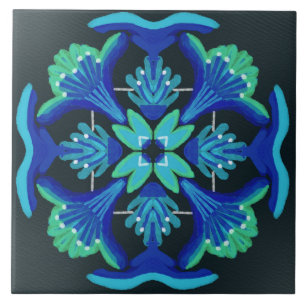 Art Deco style watercolour black blue green floral Ceramic Tile