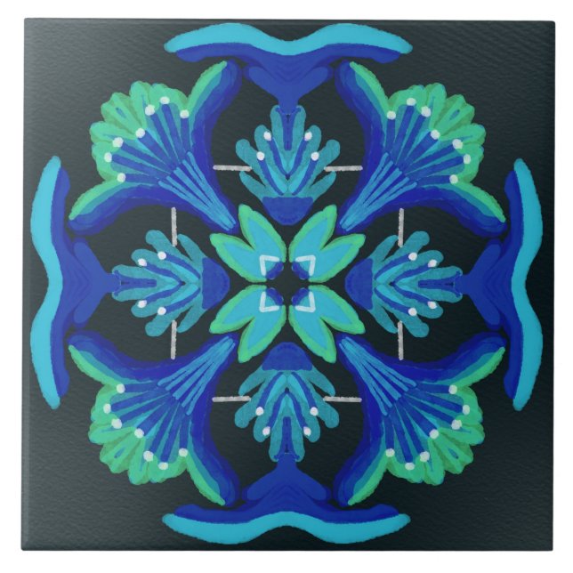 Art Deco style watercolour black blue green floral Ceramic Tile (Front)