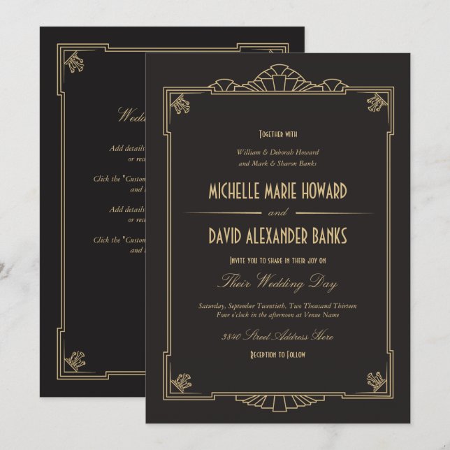 Art Deco Style Wedding Invitation (Detailed) (Front/Back)