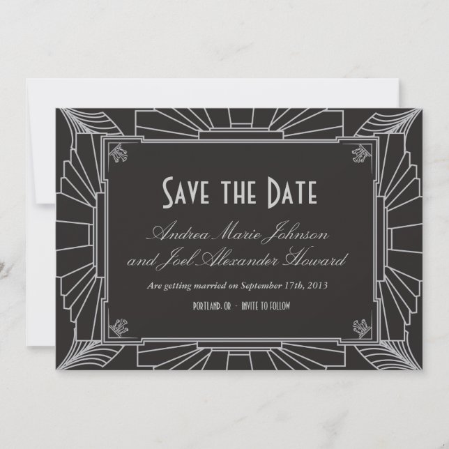 Art Deco Style Wedding Save the Date (Silver) (Front)