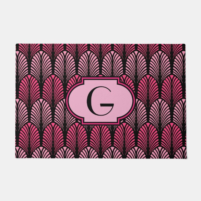 Art Deco Stylized Feather, Fuchsia Pink and Black Doormat (Front)