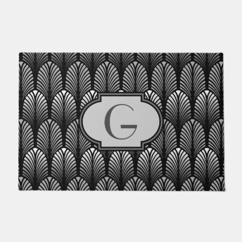 Art Deco Stylized Feather Silver Gray and Black Doormat