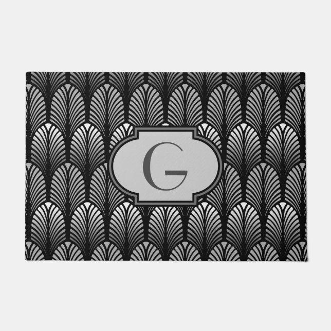Art Deco Stylized Feather, Silver Gray and Black Doormat (Front)