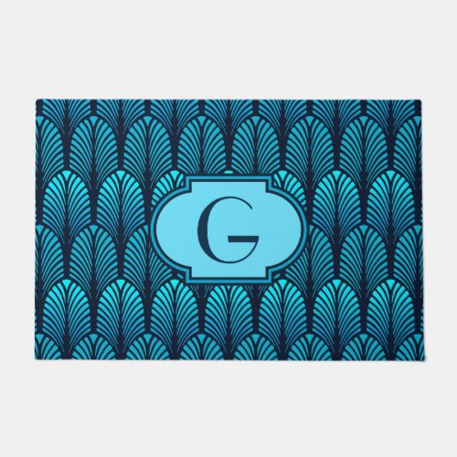 Art Deco Stylized Feather Turquoise and Navy Doormat