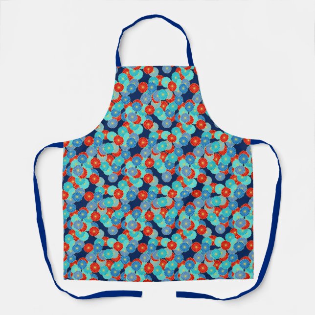 Art Deco Stylized Flowers Blue, Turquoise & Red Apron (Front)