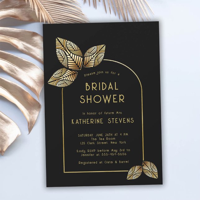 Art Deco Stylized Leaves Boho Frame Bridal Shower Invitation (art deco bridal shower invitation botanical gold leaf boho arch black stylized gatsby roaring 20s )