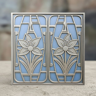 Art Deco Stylized Lily Floral #10 Blue ID1196 Ceramic Tile