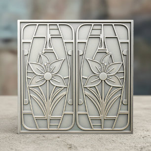 Art Deco Stylized Lily Floral #10 Silver ID1196 Ceramic Tile