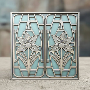 Art Deco Stylized Lily Floral #10 Teal ID1196 Ceramic Tile