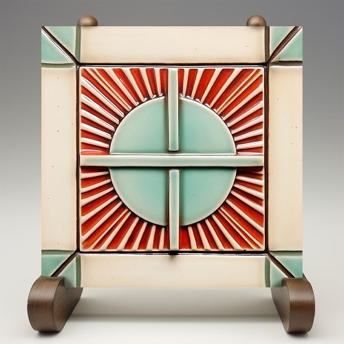 Art Deco Sun and Cross in Coral Teal Ceramic Tile