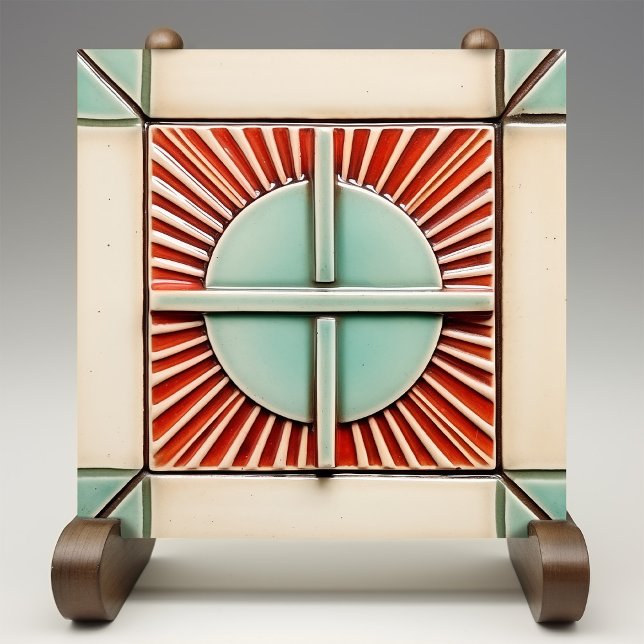Art Deco Sun and Cross in Coral Teal Ceramic Tile (Creator Uploaded)