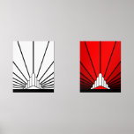 Art deco sun wall art sets<br><div class="desc">A classic art deco style sun pattern created in black and white and red.
An iconic pattern of the sun rising from behind a stylized art deco shaped building. A simple yet elegant design, true to the era.</div>