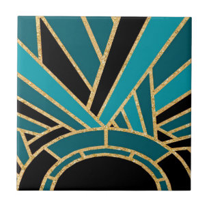 Art Deco Sunburst (Blue) Ceramic Tile