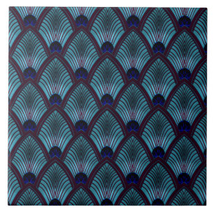 Art Deco Sunburst Fan in Metallic Blue Ceramic Tile