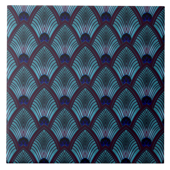 Art Deco Sunburst Fan in Metallic Blue Ceramic Tile (Front)