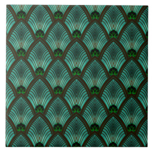 Art Deco Sunburst Fan in Metallic Green Ceramic Tile