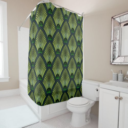 Art Deco Sunburst Fan in Metallic Lime Green Shower Curtain