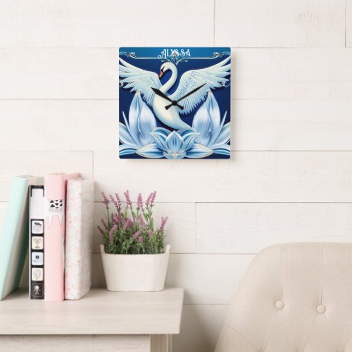 Art Deco Swan and Lilies Throw Pillow Square Wall Clock