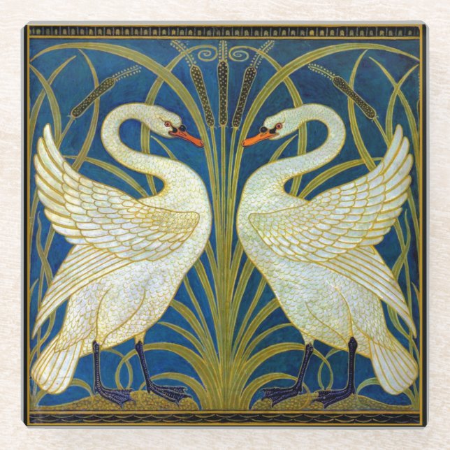 Art Deco Swans Mouse Pad Glass Coaster (Front)