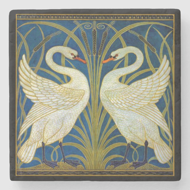 Art Deco Swans Stone Coaster (Front)