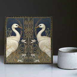Art Deco Swans Wall Decor Art Nouveau Crane Swan Ceramic Tile