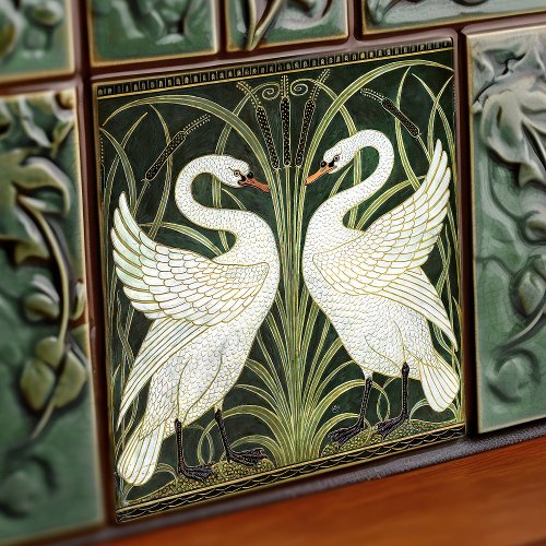 Art Deco Swans Wall Decor Art Nouveau Green Ceramic Tile