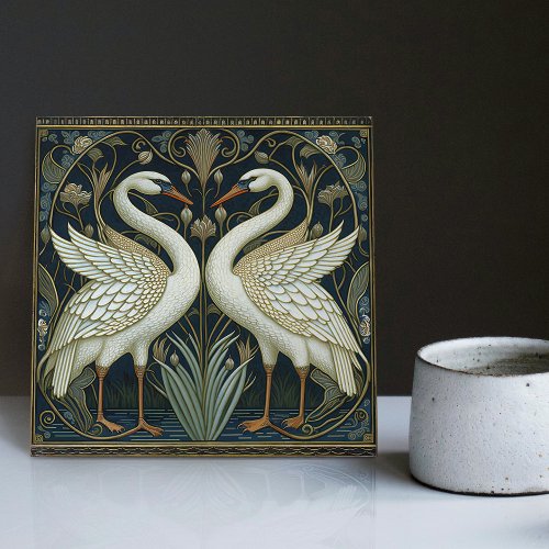 Art Deco Swans Wall Decor Art Nouveau Swan Ceramic Ceramic Tile