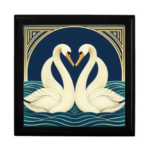 Art Deco Swans Wooden Jewelry Keepsake Box