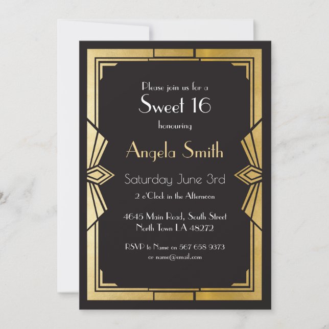 Art Deco Sweet 16 Party Gatsby Black Invite 1920's (Front)