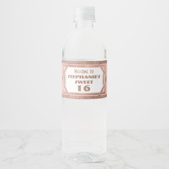 Art Deco Sweet 16 Rose Gold and Blush Pink Favor Water Bottle Label (Front)