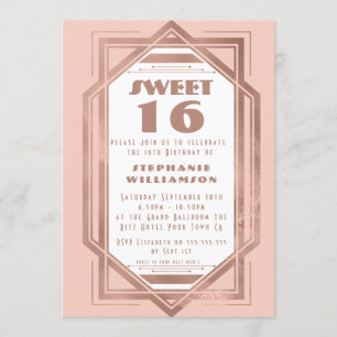 Art Deco Sweet 16 Rose Gold and Blush Pink Gatsby Invitation