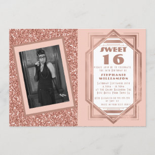 Art Deco Sweet 16 Rose Gold Glitter Gatsby Photo Invitation
