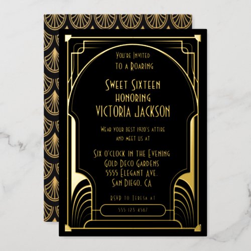 Art Deco Sweet Sixteen Birthday Party Gold  Black Foil Invitation