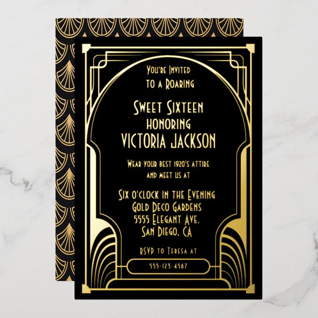 Art Deco Sweet Sixteen Birthday Party Gold & Black Foil Invitation (Front/Back)