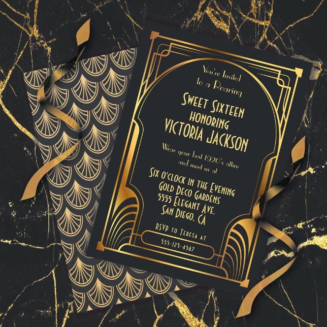 Art Deco Sweet Sixteen Birthday Party Gold & Black Invitation (Creator Uploaded)