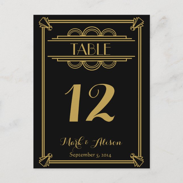 ART Deco Table Number with Menu  gold wedding (Front)