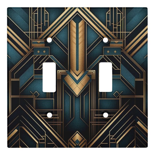 Art Deco Teal and Gold Geometric Design Light Switch Cover (Front)