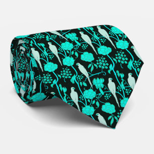 ART DECO TEAL BLUE FLOWERS,WHITE PARROTS ON BLACK NECK TIE