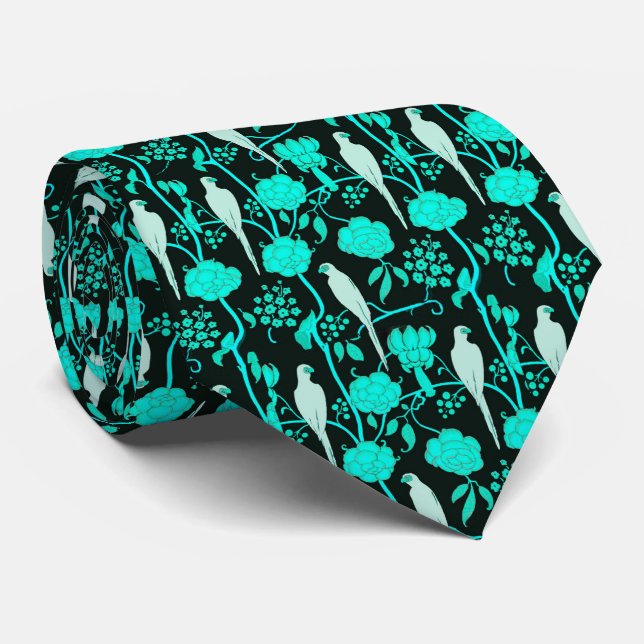 ART DECO TEAL BLUE FLOWERS,WHITE PARROTS ON BLACK NECK TIE (Rolled)