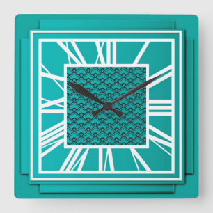 Art Deco, teal blue Square Wall Clock