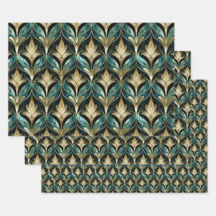 Art Deco Teal & Gold Fan Pattern Wrapping Paper