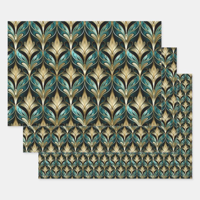 Art Deco Teal & Gold Fan Pattern Wrapping Paper (Set)