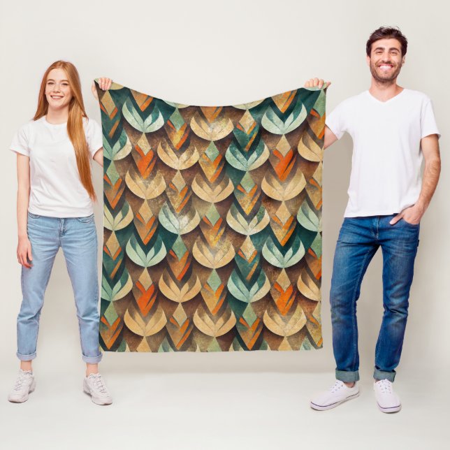 Art Deco Teal & Gold Geometric Pattern (10) Fleece Blanket (In Situ)